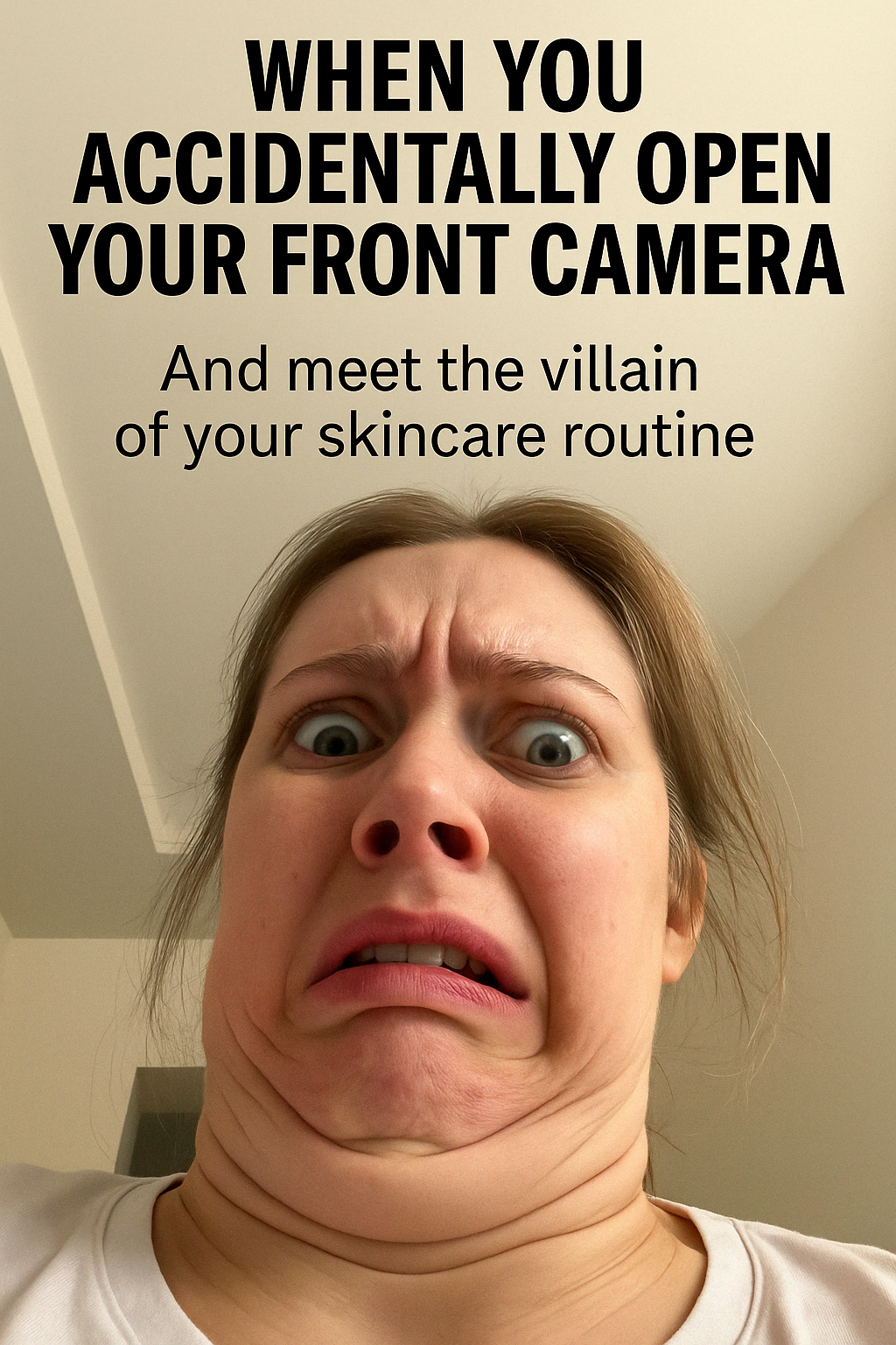 ViralPunch meme for “A brutally honest meme capturing the sheer horror of opening the front camera accidentally — and meeting your skin’s worst nightmare. For anyone who’s ever been betrayed by selfie mode.”